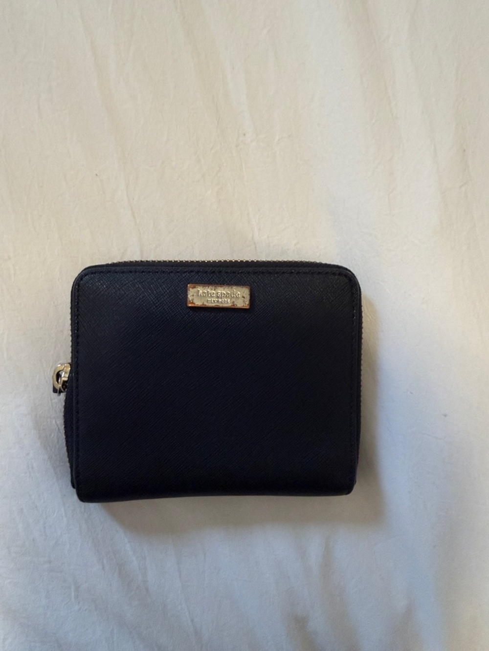 kate spade Black Zip-Around Saffiano Wallet with Gold Plaque